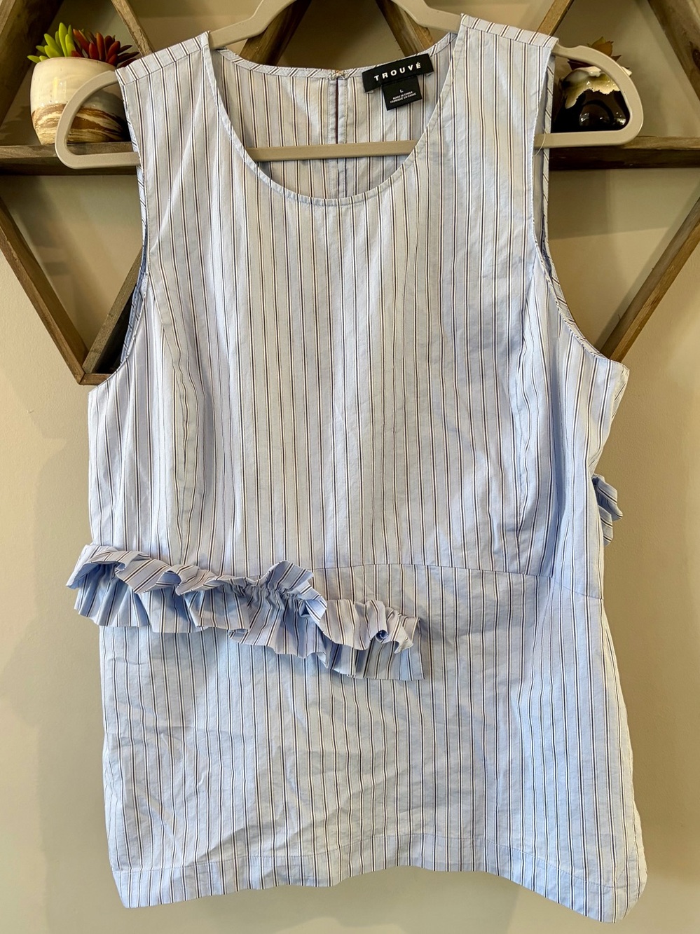 Trouvé sleeveless blouse-blue and white pinstripe, ruffle waist.  Size large